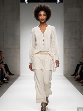 Cream Long-Sleeve Tunic Dress with Pintucks and Black Buttons